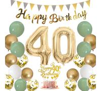 Moorle Décoration d'anniversaire 40 ans pour femme et homme - Décoration vert sauge avec ballons, ballons de fête, bannières, drapeaux et décoration de gâteau