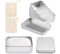 Mooshy Boîte à Savon en Aluminium, 2 Porte Savons avec égouttoir Amovible+1 Sac à Savon en Coton+1 Mousseur, sans Plastique et Convient à Tous Les savons Solides, pour la Maison ou Les Voyages