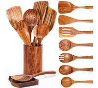 Mooues Lot de 9 ustensiles de cuisine en bois de teck naturel avec repose-cuillère - Cuillères de cuisine et support à ustensiles