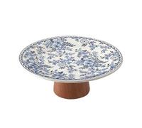 MOOWI Bols de fruits Coupe à fruits décorative sur pied en céramique avec base en bois, ornée de motifs floraux. Plat de fruits décoratif