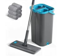 Mop plat avec seau Lot de 6 recharges microfibre essoreur 140 cm tête 360° raclette caoutchouc gris pour carrelage marbre bois