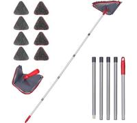 Mop triangulaire télescopique, balai de plafond triangulaire 360° avec manche de 203 cm et 8 franges, balai plat pour le nettoyage humide et à sec des sols - rouge + gris