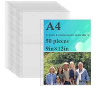 MOPLA Pack de 50 Pochettes Perforée Perforées A4,Pochettes Perforées A4 avec 2 Compartiments de 22 x 15 cm (format A5), transparente pochette plastique Pages de Rechargement pour Albums Photo