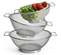 MOPUBZO Set de 3 Passoires Cuisine en Acier Inoxydable, Passoire Avec Poignées, Passoires Micro-Perforées pour Égouttage Rapide, Tamis de Cuisine pour Pâtes, Fruits, Légumes, Diamètres 18/22/24 cm