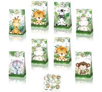 MORAINJAY 12 Sacs Papier Animaux Jungle, Sacs Cadeaux Anniversaire Enfant Jungle, Sachets Surprise Safari Fête Garçon Fille Fournitures(18 Autocollants)