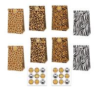 MORAINJAY 12 Sacs Papier Animaux Jungle, Sacs Cadeaux Anniversaire Enfant Tigre, Sachets Surprise Safari Fête Garçon Fille Fournitures(18 Autocollants)