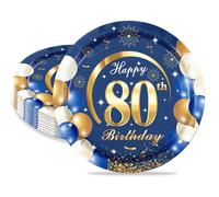 MORAINJAY 16 Pièces Assiette pour Fête Anniversaire 80 ans,7 Pouces/18cm Bleu Or Papier Assiette Dessert Plateau Vaisselle pour Décoration Anniversaire 80 ans Homme Femme