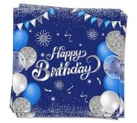 MORAINJAY 20 Pièces Serviettes Anniversaire,33x33cm Serviette Bleu Argent Decoration de Table,3 Plis Serviettes Cocktail en Papier Happy Birthday pour Fête Anniversaire