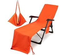 Morbuy Housse de Chaise de Plage Longue en Microfibre, Serviette de Plage avec Poches de Rangement, Housse de Transat Pliable et Légère pour Bain de Soleil, Jardin (Orange)