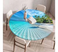 Morbuy Nappe avec Bord Élastique pour Table Ronde, Motif Vagues de l'Océan 3D Nappe Ronde Imperméable Anti Tache Couverture de Table Nappes pour Fête Cuisine (Vue mer,Diamètre 140cm)