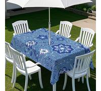 Morbuy Nappe Extérieur avec Trou pour Parasol, Style Ethnique Nappe Extérieur Imperméable Anti Tache Rectangulaire avec Fermeture Éclair, Couverture Table de Jardin (Fleur bleue,259x152cm)