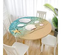 Morbuy Nappe Ronde Anti Taches Imprimé Coquillages Nappe de Table avec Bord Élastique Ajustée, Imperméable Polyester Couverture de Table de pour Cuisine Jardin Fête (Coquille Blanche,Diamètre 150cm)