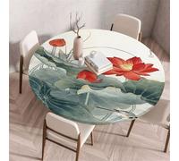 Morbuy Nappe Ronde Élastique, Motif Fleur de Lotus 3D Nappe Ronde Imperméable Anti Tache Couverture de Table Nappes pour Decoration Fête Cuisine Jardin (Fleur de Lotus Rouge,Diamètre 180cm)
