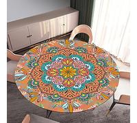 Morbuy Rondes Nappes avec Bord Élastique, Nappes Rondes Anti Taches Lavable, Imperméable Polyester Nappe de Table Imprimé de Mandala pour Cuisine Jardin Fête Table (Orange,Diamètre 100cm)