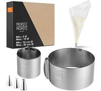 Moritz & Moritz Cadre à pâtisserie Rond en Acier Inoxydable - reglable en continu Ø 5cm à 10cm - Cercle à Tarte réglable pour la pâtisserie et la décoration - avec 10 Poches à Douille et 3 Embouts