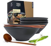 Moritz & Moritz Lot de 4 grands bols à ramen en céramique japonaise - Bols à nouilles 1300ml / 44 oz - Ø 24cm - Noir mat - avec baguettes et cuillères en bois - Bols à soupe asiatiques pour ramen, pho