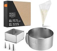 Moritz & Moritz Moule a Gateau Rond en Acier Inoxydable - Moule à Gateau - Set de Cercles à pâtisserie réglables pour la pâtisserie et la décoration - avec 10 Poches à Douille et 3 Embouts