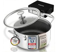 Morleos Cocotte revêtement céramique antiadhésif alvéolé résistant aux rayures - 4,7 litres, Ø 24x12 cm, 2,3 kg - couvercle moderne en verre plat casserole 5 couches à économie d'énergie - induction