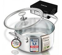 Morleos Marmite en acier inoxydable de 4,7 litres Ø 24x12 cm avec couvercle moderne en verre plat, marmite - Induction Lavable au lave-vaisselle - 5 couches - Marmite à économie d'énergie