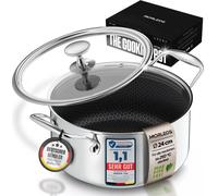 MORLEOS - Poêle antiadhésive avec revêtement en céramique alvéolaire résistant aux rayures - 4,7 litres, Ø 24×12 cm, 2,3 kg - Casserole moderne à fond plat avec couvercle en verre économe en énergie, 