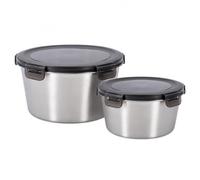 Morvexa Boîte Pâte à Pizza Lot de 2, Récipient Inox pour Cuisine & Frigo | Inox, cuisson/frigo/placard, 1100 ml + 2200 ml, formes rondes, couvercles clips, pâtons, riz, salades, restes & snacks