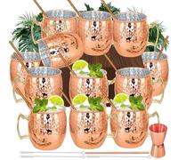 Moscow Mule Lot de 12 grandes tasses en cuivre plaqué cuivre martelé de 540 ml avec 1 doseur double de 15 ml / 30 ml, 12 pailles en acier inoxydable pour boissons froides et cocktails