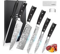 MOSFiATA Ensembles de Couteaux de Cuisine 5pcs，7 "Couteau nakiri 5" Couteau Utilitaire，Couteau à pain，Attaché avec un couteau, un protecteur des doigts，Colis cadeau