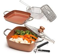 Moss & Stone Lot de 6 poêles à frire profondes avec panier à frire et poêle | Batterie de cuisine en cuivre 24,1 x 8,9 cm, 5 litres, poêle à frire antiadhésive, grille vapeur, couvercle en verre