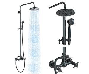 MOSSON Système de douche à effet pluie en bronze huilé avec pommeau de douche à effet pluie de 20,3 cm, pulvérisateur à main 2 poignées croisées, fixation murale pour salle de bain, laiton massif
