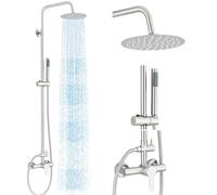 MOSSON Système de douche d'extérieur avec pommeau de douche à effet pluie de 20,3 cm, pulvérisateur à main à poignée unique, robinet de douche mural pour salle de bain ou jardin en nickel brossé