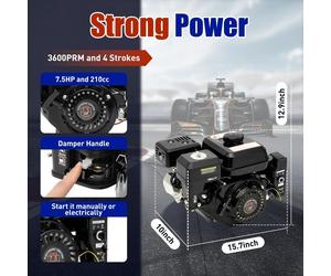 Moteur de kart - Moteur à essence OHV 4 temps 212 cm³ - Puissance 7,5 ch - Démarrage électrique + démarrage par lanceur - Refroidi par air - Arbre horizontal - Réservoir 3,8 l - Noir