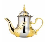 MotiveTech Théière Acier Inoxydable Pot Verseuse Métallique Couvercle Décoré Forme Convient Accueil Salon Service Invités, Marocain, Bicolore Or Et Argent, Rayures Diagonales