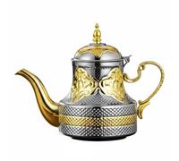 MotiveTech Théière Acier Inoxydable Pot Verseuse Métallique Couvercle Décoré Forme Convient Accueil Salon Service Invités, Théière Marocaine Avec Motif Floral, Poignée Panier, Bicolore Or Et Argent