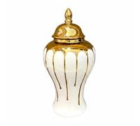 MotiveTech Vase Décoratif en Céramique Urne Pot Jarre avec Couvercle Ajusté Finition Lisse et Haut Brillant Détails Linéaires Dorés Verticaux Adapté pour, Grand Modèle Doré
