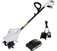 Motobineuse sans fil 20V/2.0Ah, avec batterie et chargeur. Largeur de travail : 19 cm. 24 lames. Profondeur de travail : 15,5 cm. Motobineuse motorisée, fraise à terre, cultivateur pour parterres et j