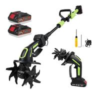 Motobineuse sans Fil, 21V Motobineuse Electrique Motoculteur avec 2 Batteries 1500mAh et Manche de 1,3m Bineuse Électrique Largeur de Travail de 10cm Profondeur de Travail de 10cm