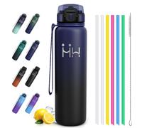 Motswedi Bouteille Isotherme 1 Litre, avec Paille, Gourde Inox, Anti-Fuite, Gourde Isotherme, Acier Inoxydable, 24h Froid & 12h Chaud, pour Voyage, Sport, Fitness, Bleu foncé & noir