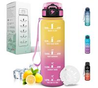 Motswedi Gourde 1l, Anti-fuite, Gourde Sport, avec Marqueur de Temps, Bouteille d'eau, Réutilisable, avec Filtrante, Bouteille, pour le Fitness, la Gym et Randonnée, Jaune & Rose