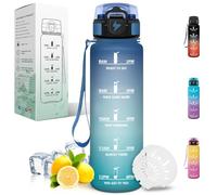 Motswedi Gourde 1l, Anti-fuite, Gourde Sport, avec Marqueur de Temps, Bouteille d'eau, Réutilisable, avec Filtrante, Bouteille, pour le Fitness, la Gym et Randonnée, Bleu & Vert