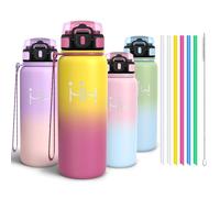 Motswedi Gourde Inox 750ml, Bouteille Isotherme avec six Pailles et 1 Brosse à épong, Conservation du Chaud et du Froid, sans BPA, Réutilisable, Bouteille - Jaune banane & Rouge rose