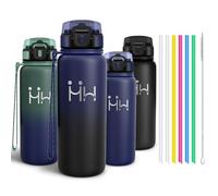 Motswedi Gourde Inox 750ml, Bouteille Isotherme avec six Pailles et 1 Brosse à épong, Conservation du Chaud et du Froid, sans BPA, Réutilisable, Bouteille - Bleu encre & Noir chou-rave