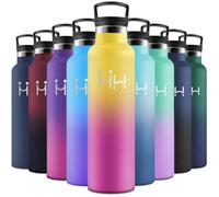 Motswedi Gourde Isotherme, 1000 ml Sans BPA, Gourde, Avec 6 pailles et 2 couvercles, Bouteille d'eau, 18/8 Acier Inoxydable, Bouteille Isotherme pour Randonnée, Camping - Jaune & Fuchsia