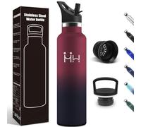 Motswedi Gourde Isotherme, 1000 ml Sans BPA, Gourde, Avec 6 pailles et 2 couvercles, Bouteille d'eau, 18/8 Acier Inoxydable, Bouteille Isotherme pour Randonnée, Camping - Rouge & Noir