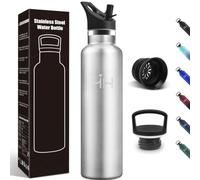 Motswedi Gourde Isotherme, 1000 ml Sans BPA, Gourde, Avec 6 pailles et 2 couvercles, Bouteille d'eau, 18/8 Acier Inoxydable, Bouteille Isotherme pour Randonnée, Camping - Gris inox