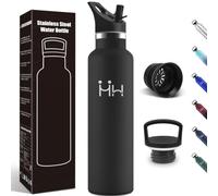 Motswedi Gourde Isotherme, 1000 ml Sans BPA, Gourde, Avec 6 pailles et 2 couvercles, Bouteille d'eau, 18/8 Acier Inoxydable, Bouteille Isotherme pour Randonnée, Camping - Noir