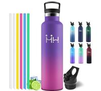 Motswedi Gourde Isotherme 1l, Acier Inoxydable, Bouteille Isotherme, Gourde Inox avec 6 pailles, pour L'eau Froide e Chaude, Bouteille d'eau 1l, Pour Voyage, Camping, Viol& Foncé & Rouge Rosé