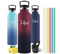 Motswedi Gourde Isotherme 1l, Acier Inoxydable, Bouteille Isotherme, Gourde Inox avec 6 pailles, pour L'eau Froide e Chaude, Bouteille d'eau 1l, Pour Voyage, Camping, Rouge & Noir