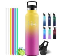 Motswedi Gourde Isotherme 1l, Acier Inoxydable, Bouteille Isotherme, Gourde Inox avec 6 pailles, pour L'eau Froide e Chaude, Bouteille d'eau 1l, Pour Voyage, Camping, Jaune & Rouge Rosé