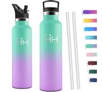 Motswedi Gourde Isotherme 1l, avec Paille, Bouteille Isotherme, Anti-Fuite, Thermos, Poignée de Transport, Gourde Inox, Réutilisable, Thermos 1l pour Voyage, Camping, Gym, Vert Lac & Violet Clair