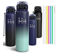 Motswedi Gourde Isotherme 1L, Gourde Inox, avec six Pailles et 1 Brosse à épong, Double Paroi Isolante, sans BPA, Portable, Réutilisable, Bouteille - Bleu ombre & Colline